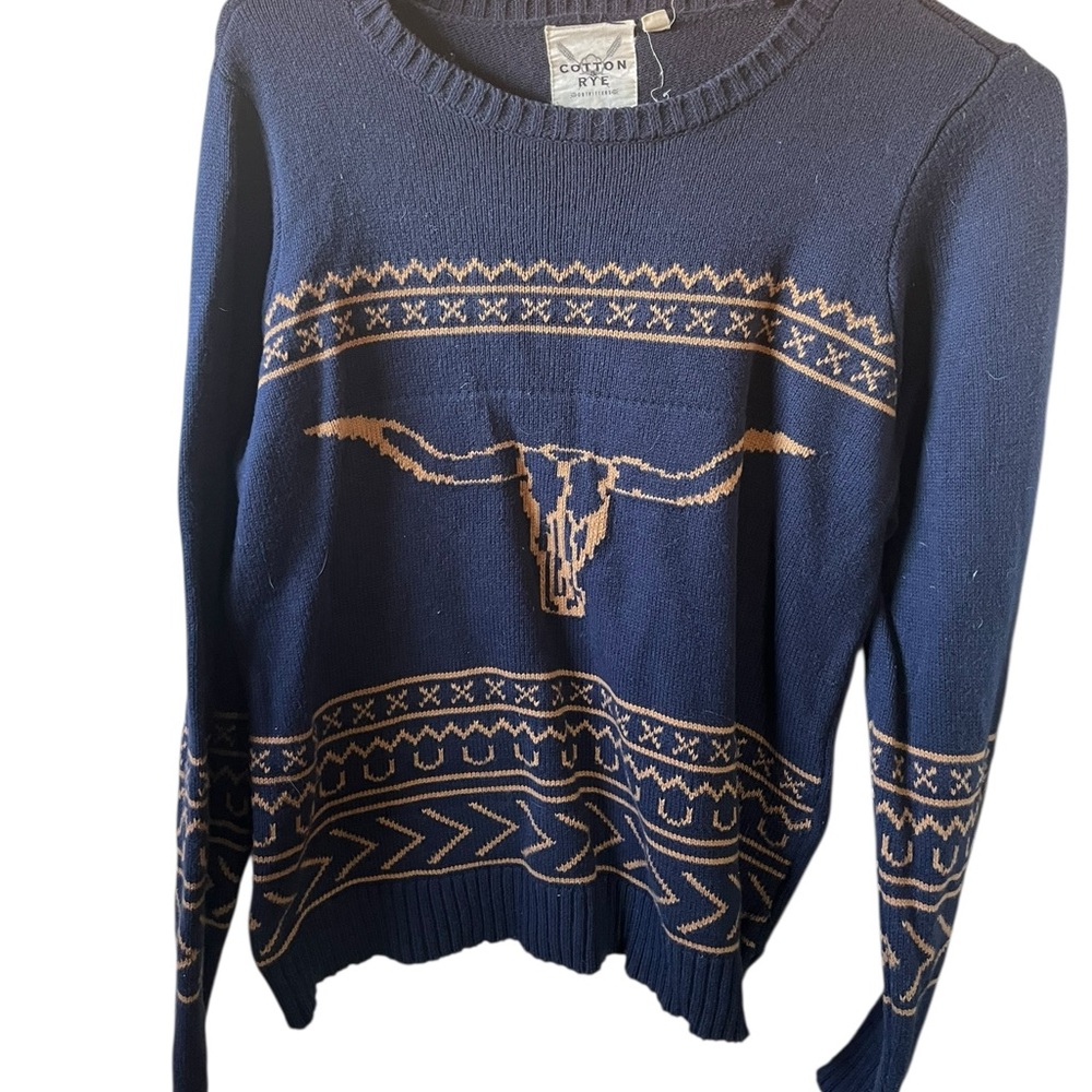 Cotton Rye: Navy and Tan Graphic Sweater